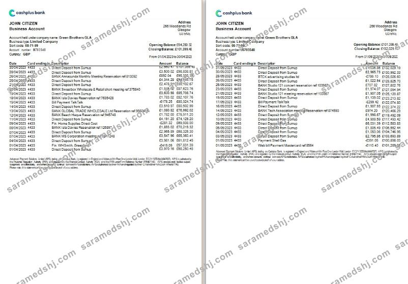United Kingdom Cashplus bank statement Word and PDF template